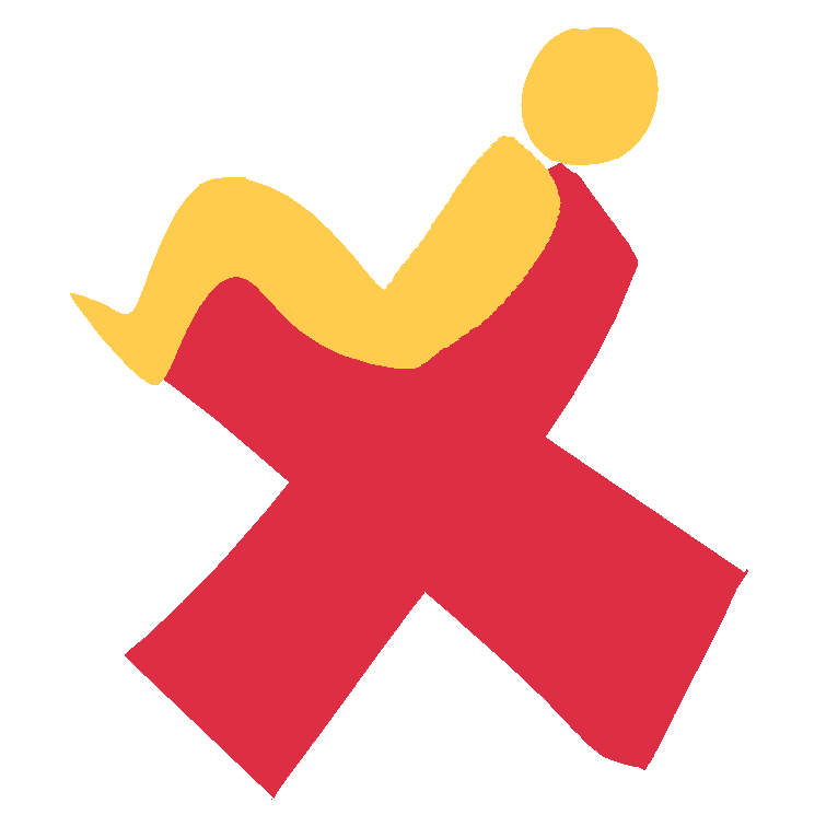 a simplified symbol of an emoji-yellow person reclining on a red x, the image has a white outline